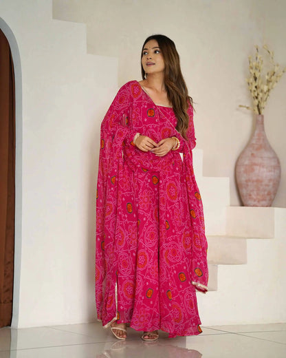 Pink Soft Light Weight Chiffon Bandhej Print Gown With Dupatta