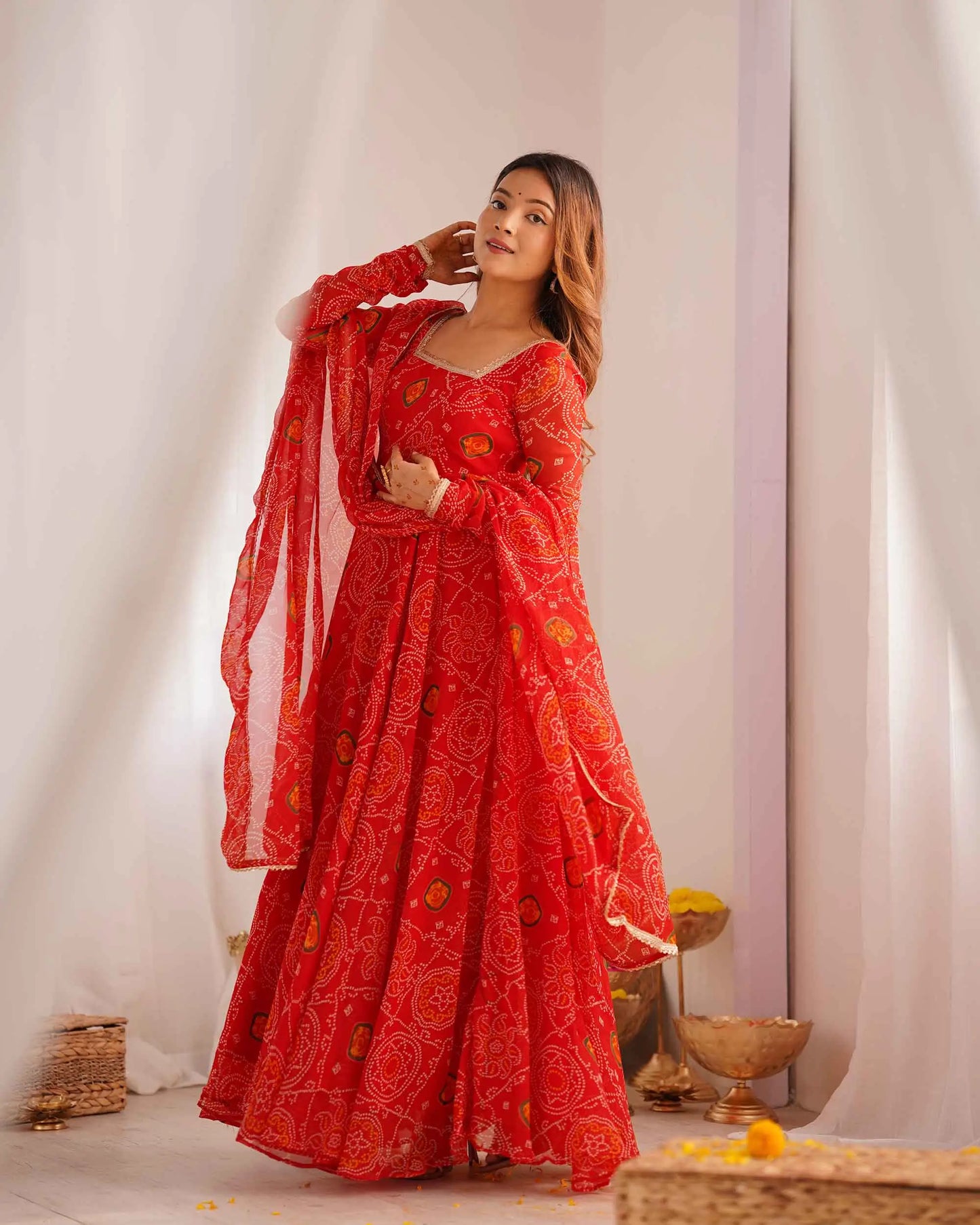 Ruby Red Soft Light Weight Chiffon Bandhej Print Gown With Dupatta