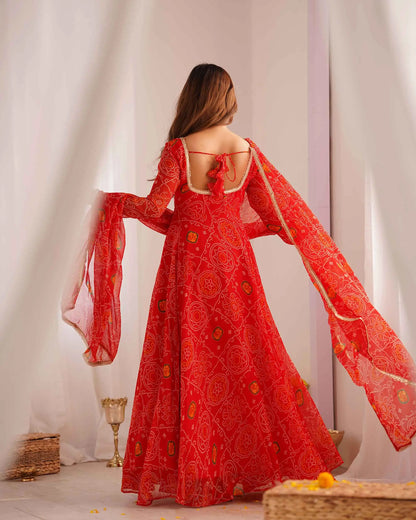 Ruby Red Soft Light Weight Chiffon Bandhej Print Gown With Dupatta