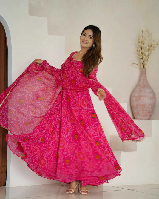 Pink Soft Light Weight Chiffon Bandhej Print Gown With Dupatta
