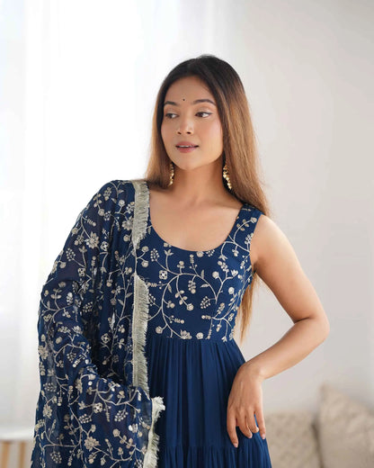 Teal Blue Georgette Empire Flair Gown With Heavy Embroidery Work Dupatta