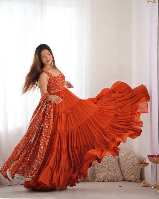 Rust Orange Georgette Empire Flair Gown With Heavy Embroidery Work Dupatta