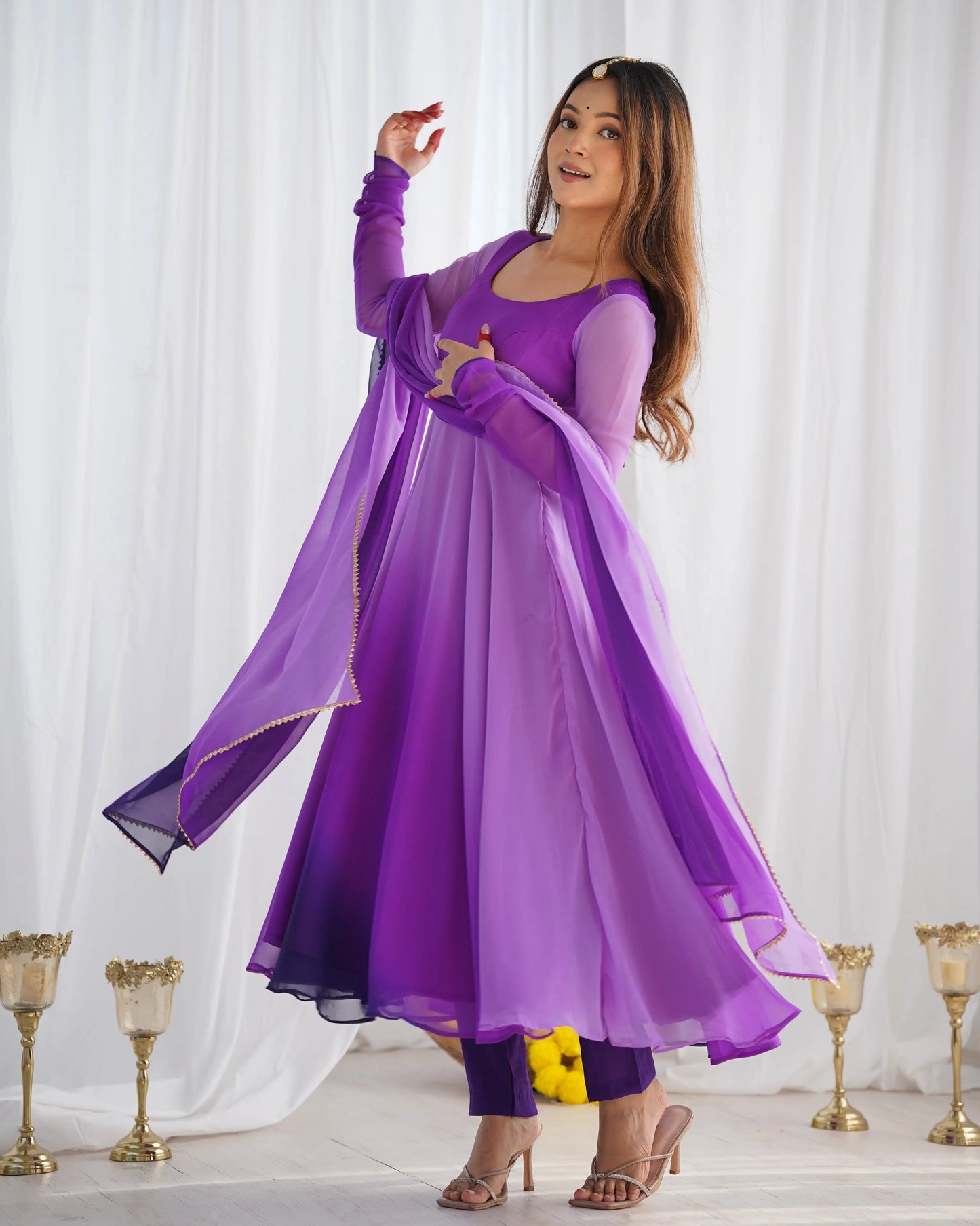 Purple With Colorful Padding Plain Georgette Gown With Dupatta