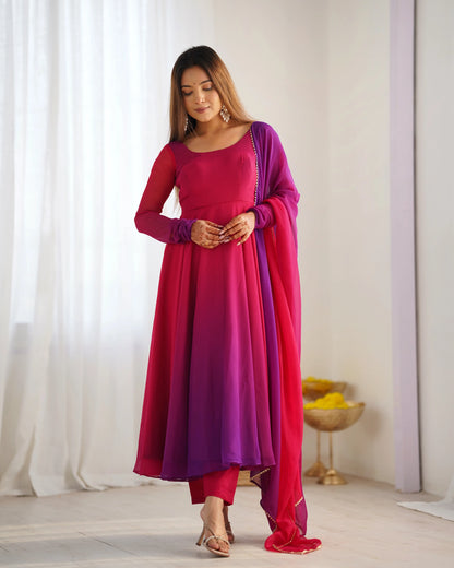 Dark Pink With Colorful Padding Plain Georgette Gown With Dupatta