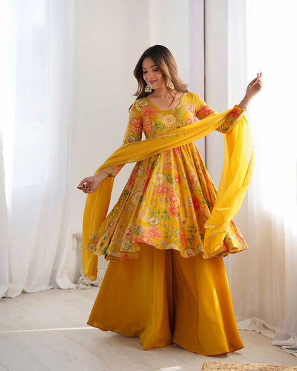 Yellow Floral Chanderi Print Kediya Style Kurta Set With Dupatta