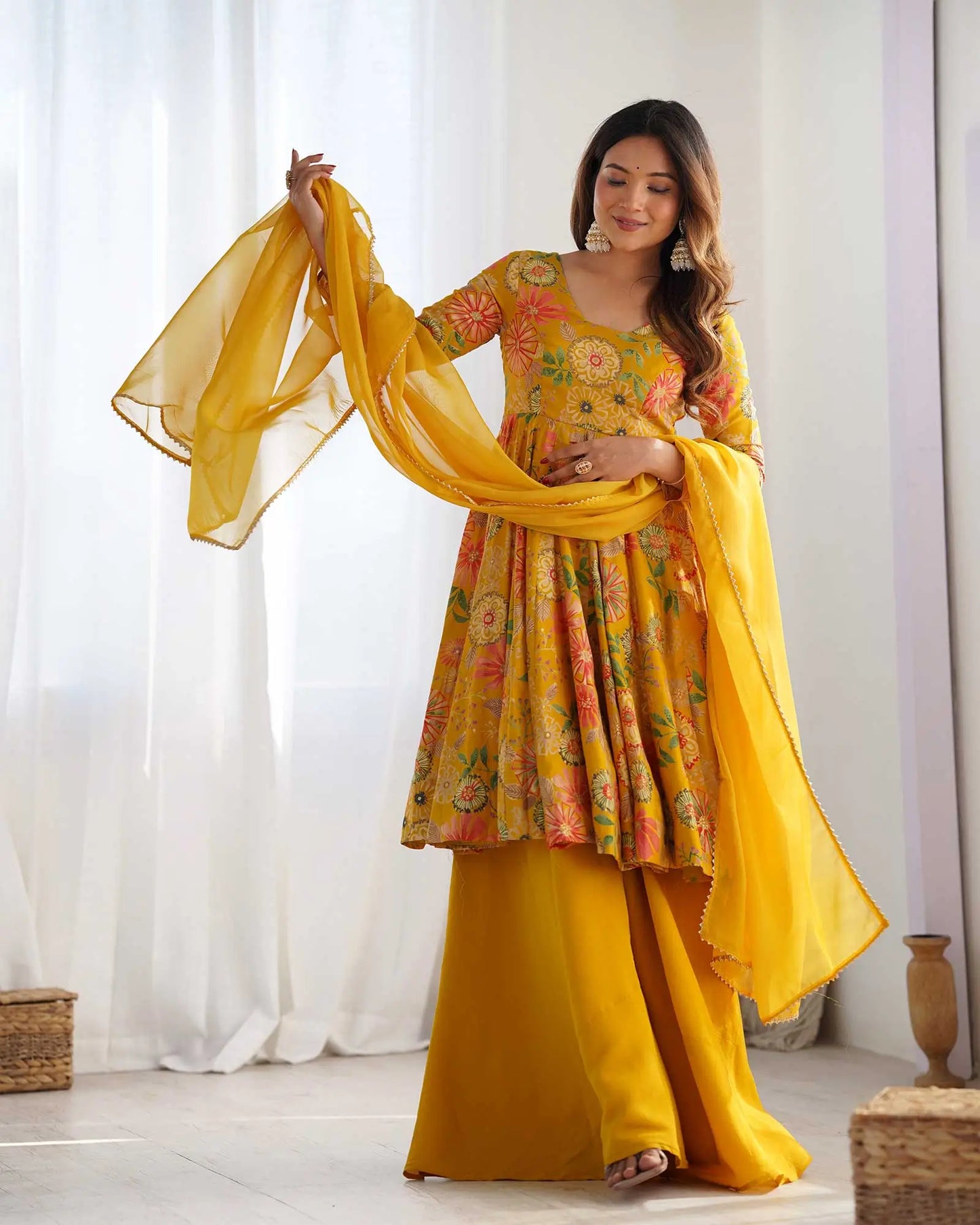 Yellow Floral Chanderi Print Kediya Style Kurta Set With Dupatta