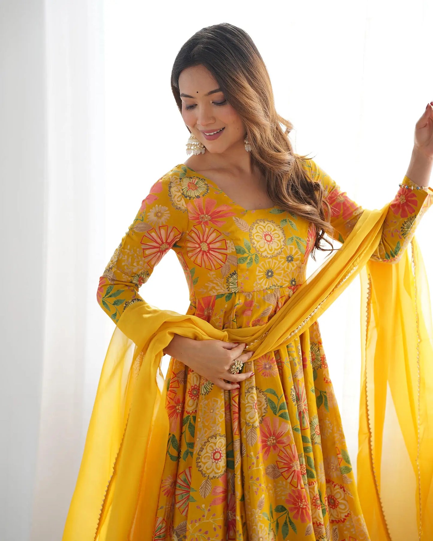Yellow Floral Chanderi Print Kediya Style Kurta Set With Dupatta
