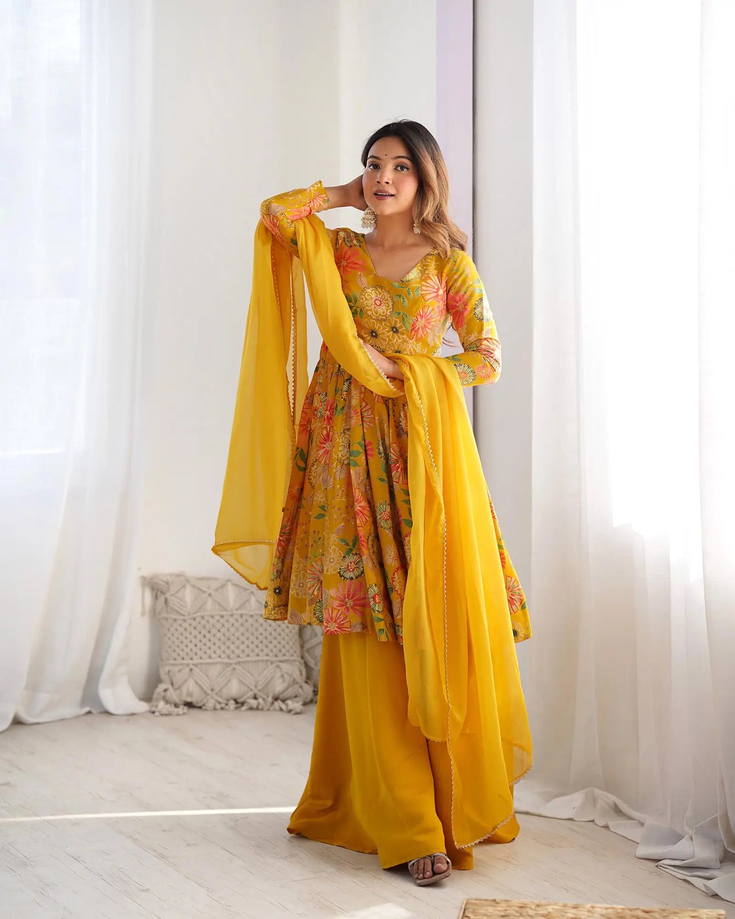 Yellow Floral Chanderi Print Kediya Style Kurta Set With Dupatta