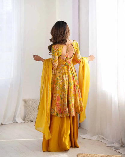 Yellow Floral Chanderi Print Kediya Style Kurta Set With Dupatta