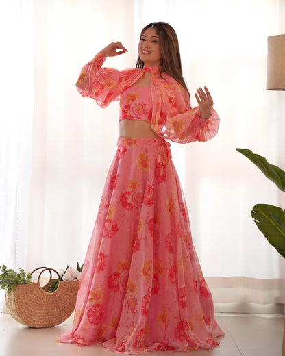 Dirty Pink Floral Print Indo Western With Detachable Sleeves And Lehenga