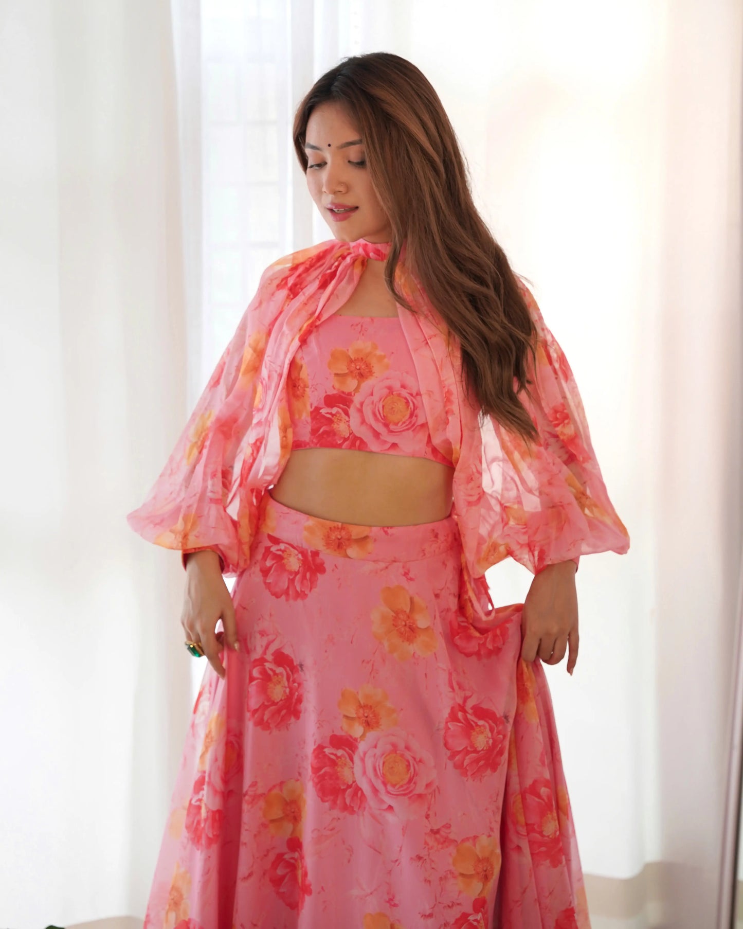 Dirty Pink Floral Print Indo Western With Detachable Sleeves And Lehenga