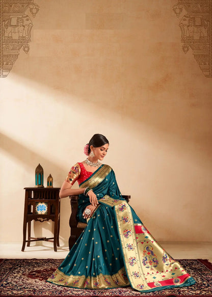 Teal Blue Paithani Silk Saree with Zari Weaving & Rich Pallu