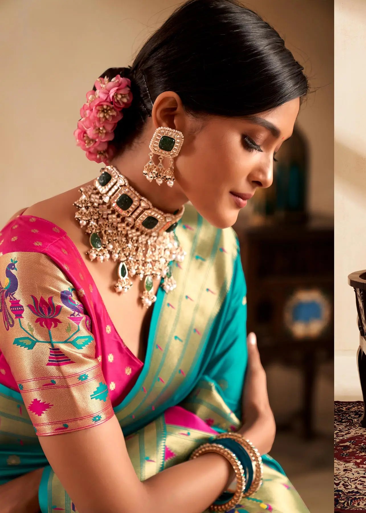 Aqua Blue Paithani Silk Saree with Zari Weaving & Rich Pallu