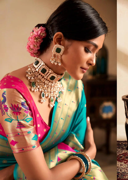 Aqua Blue Paithani Silk Saree with Zari Weaving & Rich Pallu
