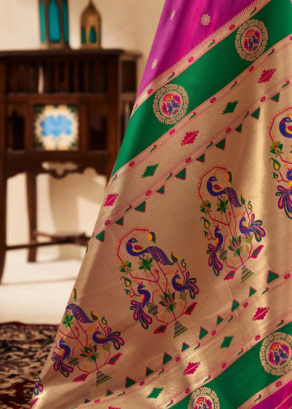Rani Pink  Paithani Silk Saree with Zari Weaving & Rich Pallu