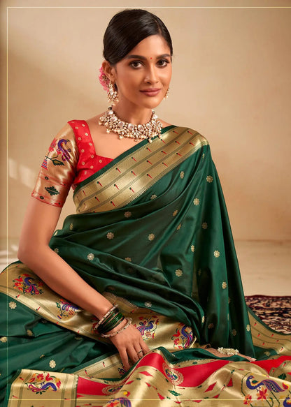 Green  Paithani Silk Saree with Zari Weaving & Rich Pallu