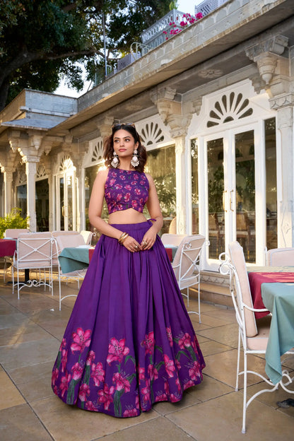 Purple Tussar Silk Floral Printed Lehenga Choli