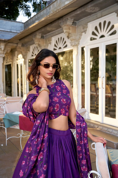 Purple Tussar Silk Floral Printed Lehenga Choli