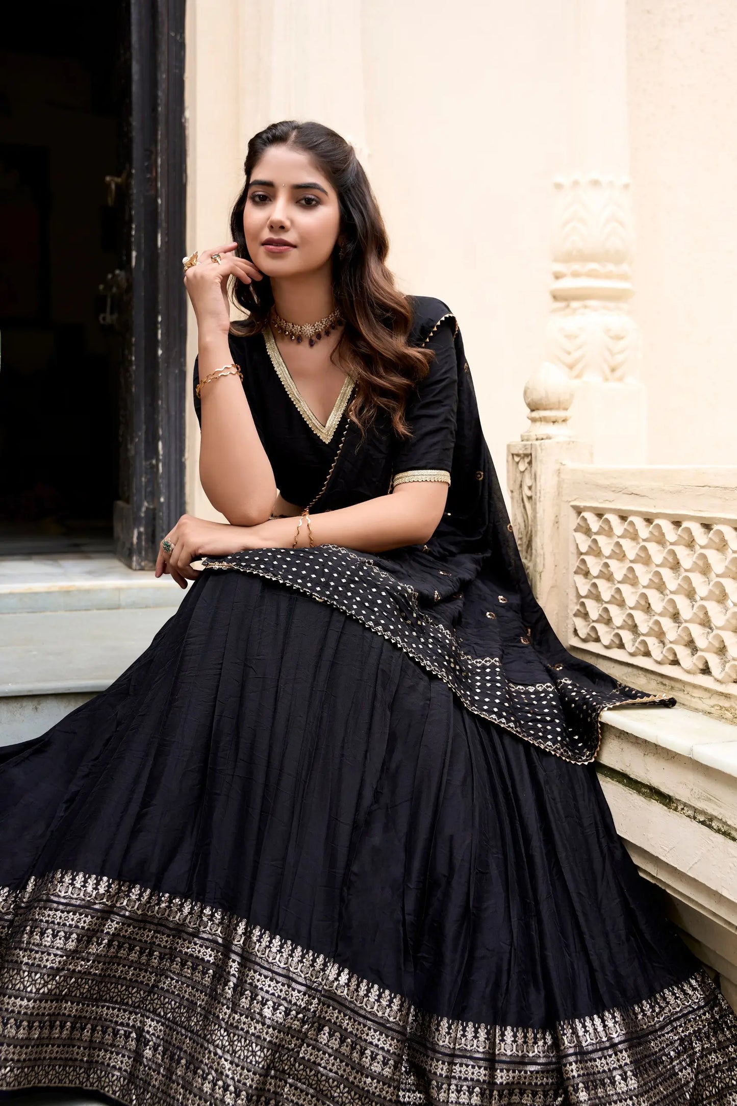 Black Chanderi Silk Lehenga Choli With Zari Weaving Work