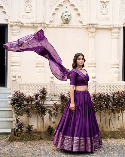 Dark Purple Chanderi Silk Lehenga Choli With Zari Weaving Work