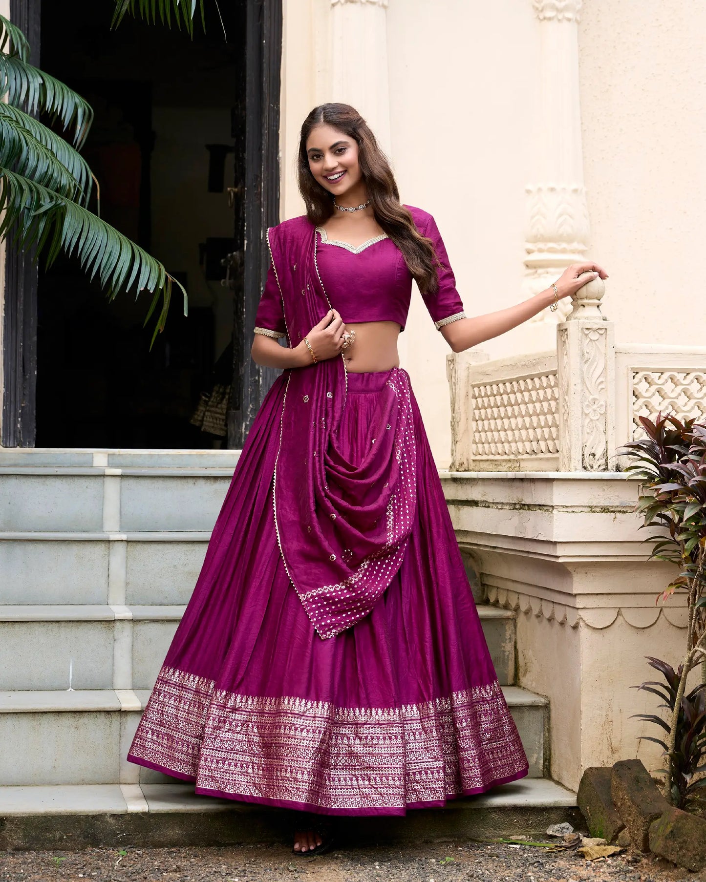 Wine Chanderi Silk Lehenga Choli With Zari Weaving Work