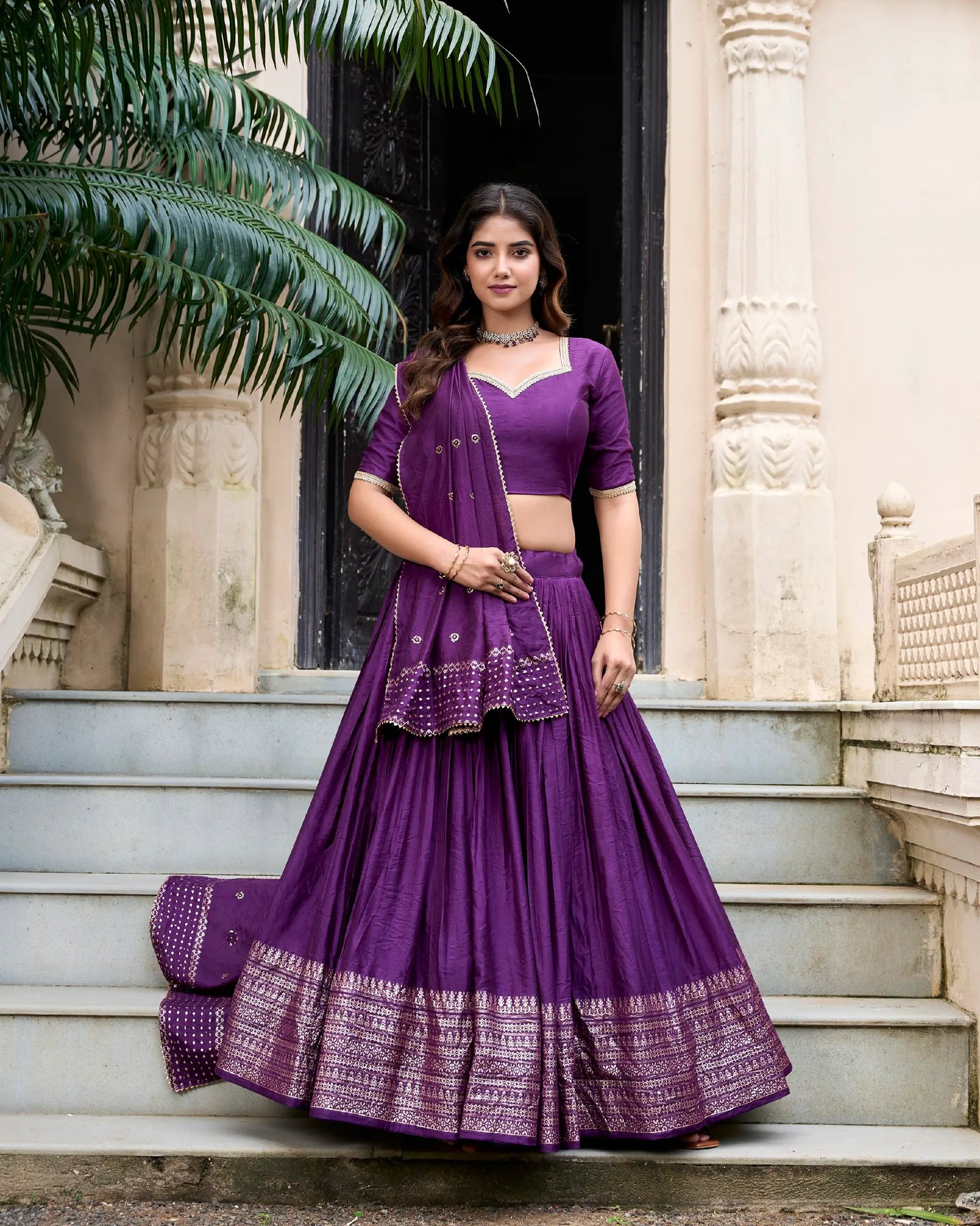 Dark Purple Chanderi Silk Lehenga Choli With Zari Weaving Work