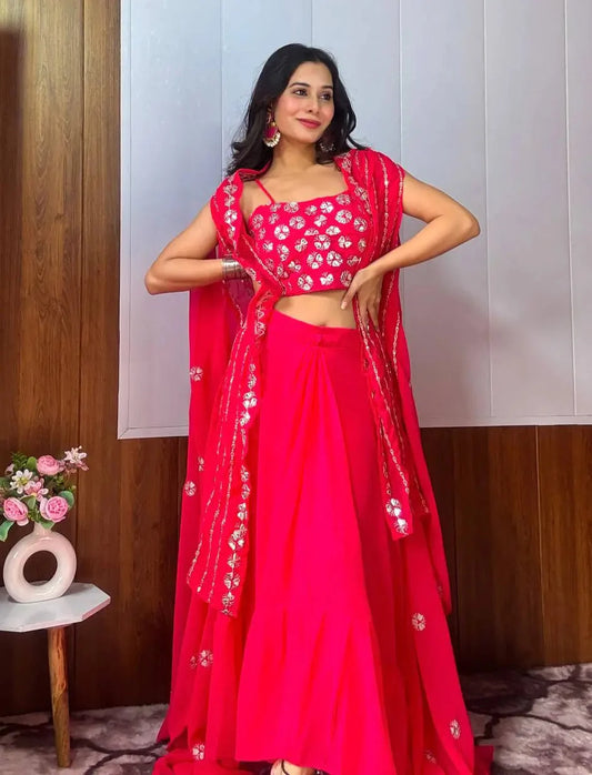 Pink Georgette Indo Western Set With Sequins & Paper Mirror Work