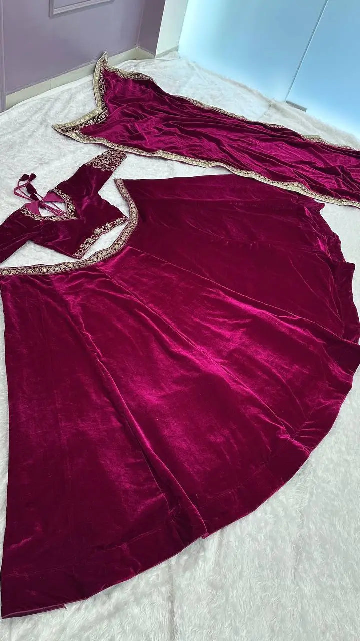 Wine Red Velvet Thread, Sequence & Dori Work Lehenga Choli