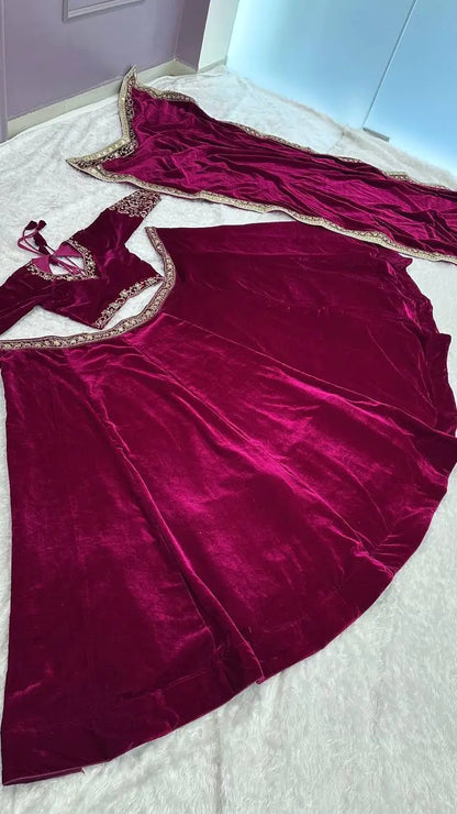 Wine Red Velvet Thread, Sequence & Dori Work Lehenga Choli