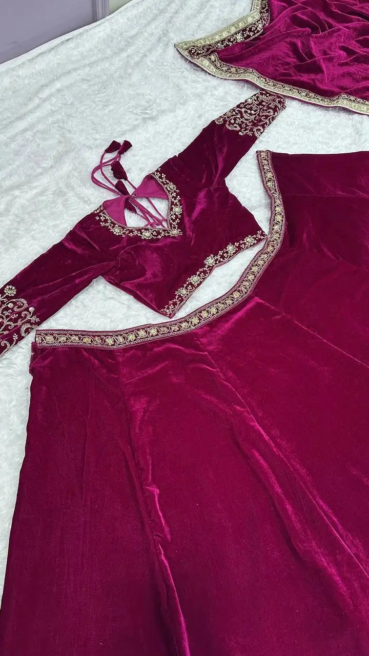 Wine Red Velvet Thread, Sequence & Dori Work Lehenga Choli