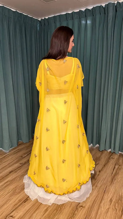 White & Yellow Georgette Indo Western Set With Mirror & Dori Work