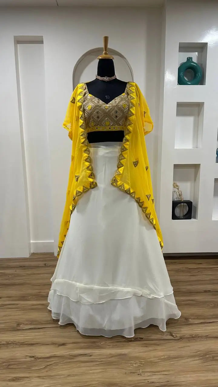 White & Yellow Georgette Indo Western Set With Mirror & Dori Work