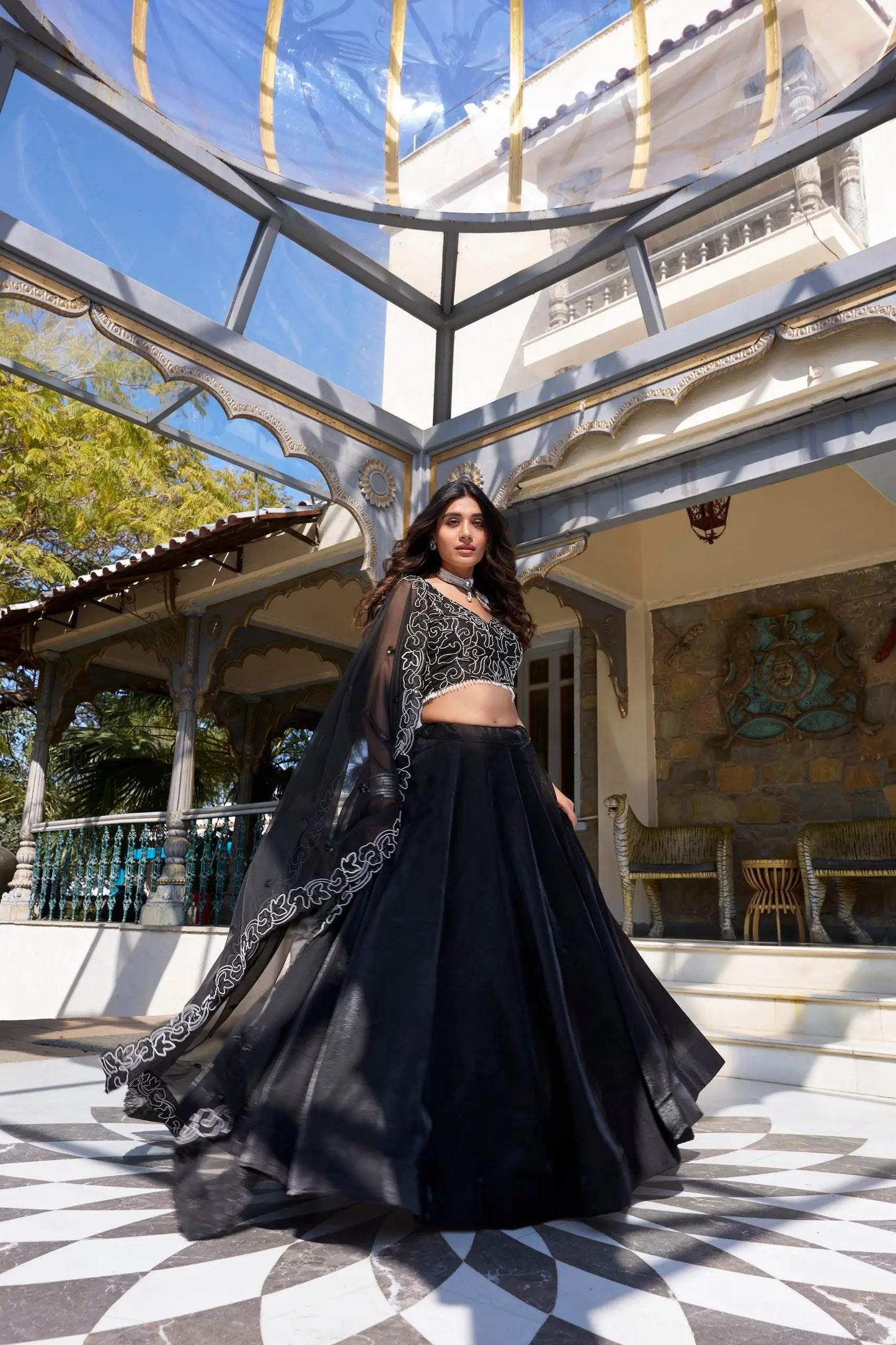 Black Satin Pearl Coding & Sequence Embroidery Lehenga Choli