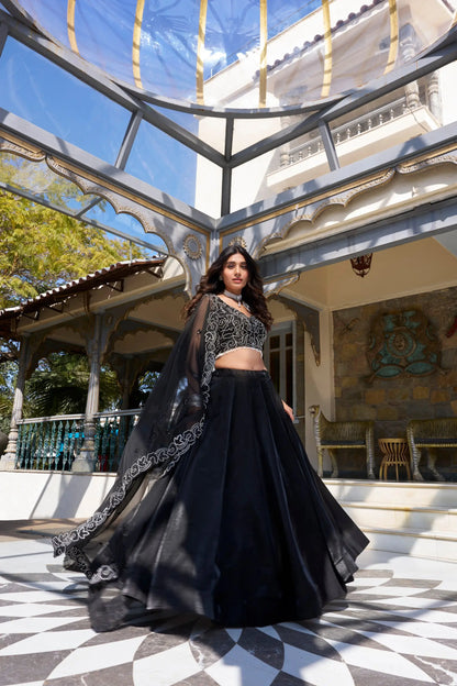 Black Satin Pearl Coding & Sequence Embroidery Lehenga Choli