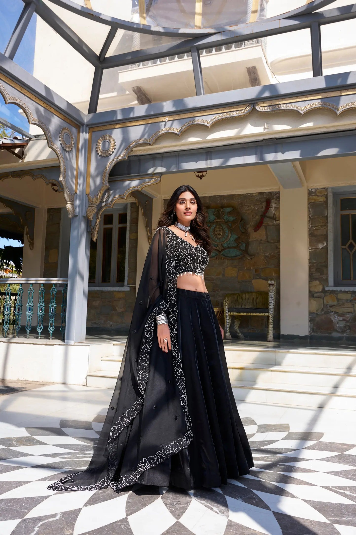 Black Satin Pearl Coding & Sequence Embroidery Lehenga Choli