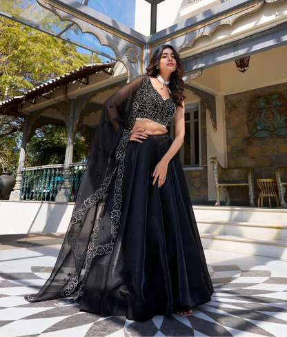 Black Satin Pearl Coding & Sequence Embroidery Lehenga Choli
