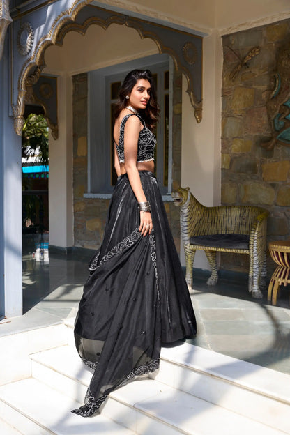Black Satin Pearl Coding & Sequence Embroidery Lehenga Choli