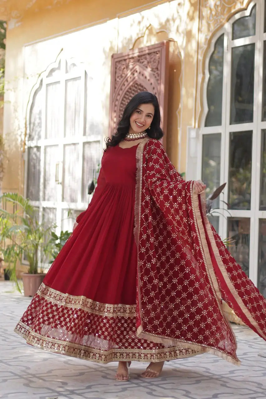 Red Sequins Embroidery Work Gown With Heavy Dupatta