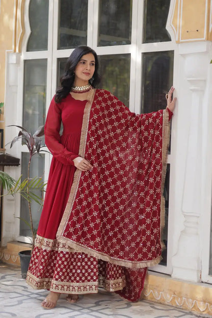 Red Sequins Embroidery Work Gown With Heavy Dupatta