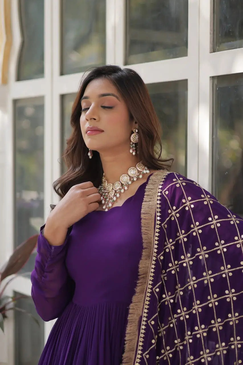 Purple Sequins Embroidery Work Gown With Heavy Dupatta