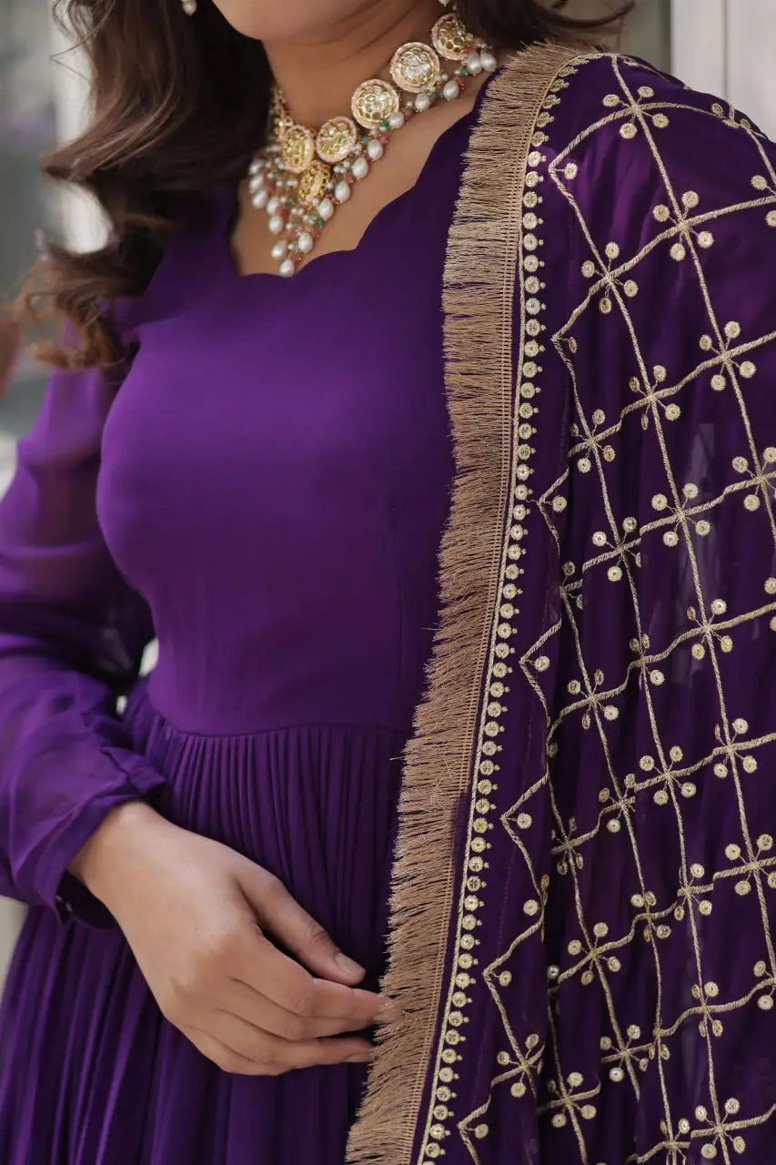 Purple Sequins Embroidery Work Gown With Heavy Dupatta
