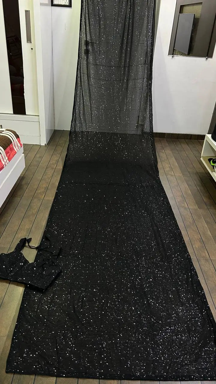 Hot Black Georgette Saree With Sequins Embroidery Work