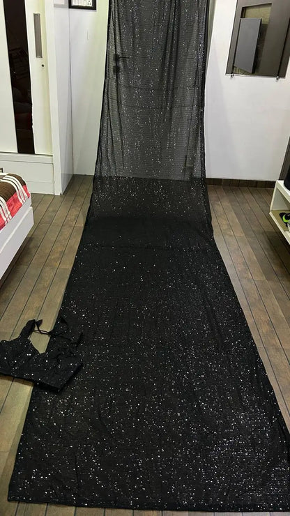 Hot Black Georgette Saree With Sequins Embroidery Work