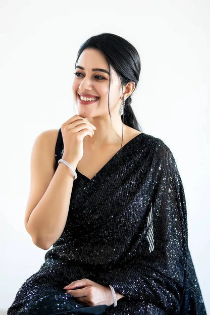 Hot Black Georgette Saree With Sequins Embroidery Work