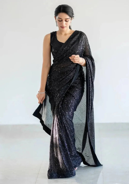 Hot Black Georgette Saree With Sequins Embroidery Work