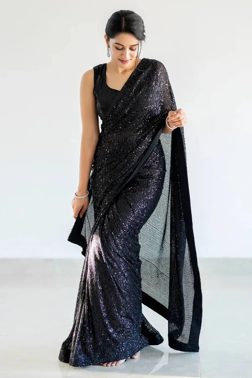 Hot Black Georgette Saree With Sequins Embroidery Work