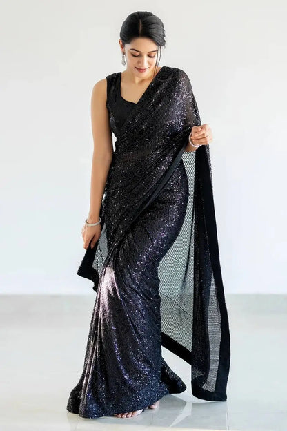 Hot Black Georgette Saree With Sequins Embroidery Work