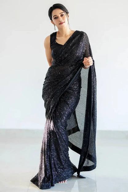 Hot Black Georgette Saree With Sequins Embroidery Work