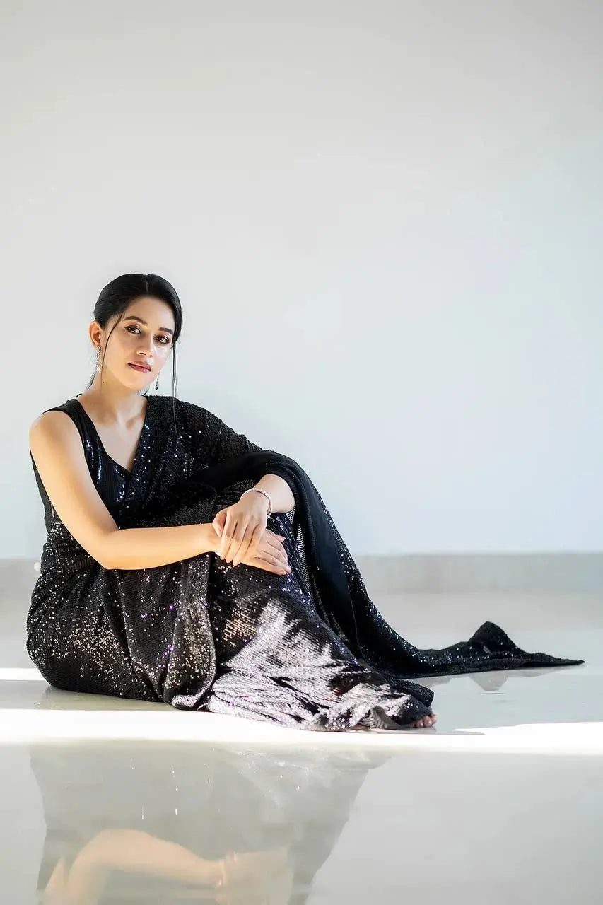 Hot Black Georgette Saree With Sequins Embroidery Work