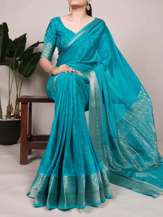 Blue Chinon Printed  With Zari Weaving Work Saree